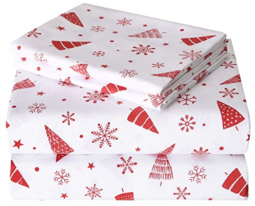 CAROMIO Weihnachts-Bettwäsche-Set für Doppelbett, 100 % Baumwolle, Flanell, bedruckt, weich, schwer, gebürstetes Flanell, 40.6 cm tiefe Tasche, 4-teilig (rote Schneeflocke und Baum, Doppelbett)
