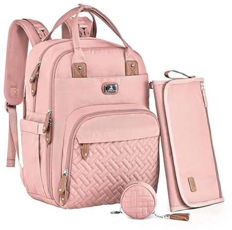 Dikaslon Borsa Zaino Fasciatoio, Zainetto Fasciatoio Grande Multifunzione Borsa Bebè con Fasciatoio Portatile, Porta Ciuccio e Cinturini per Passeggino, per Mamma e Papà (Rosa)