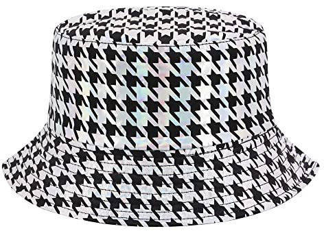 Surkat Chapeau cloche unisexe tendance hologramme escalade chapeau de pêcheur imperméable chapeau de soleil voyage, Pied-de-poule noir, Taille unique