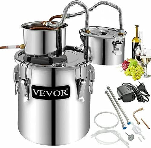 VEVOR Alambicco Distillatore 3Gal / 11,4L Alambicco per Grappa in Acciaio Inox e Rame Rosso Distillatore Acqua con Due Fusti Alambicco Oli Essenziali Kit per Produzione di Vino Whisky Brandy Vodka
