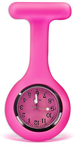 SibyTech Schwesternuhr Ansteckuhr fob,Silikon mit Pin/Clip,Glow Pointer im Dunkeln,Infektionskontrolle Design,Analog-digital,Quarzwerk,Arzt Sanitäter medizinische Brosche Fob Uhr Rosenrot