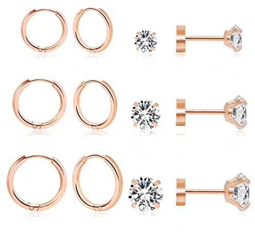 6 Pairs Gold Stud Earrings for Women, 14K Gold Plated Hypoallergenic Surgical Steel Huggie Hoop Flat Back Stud Earrings Stack Set Small Helix Tragus Cartilage CZ Earring Piercing Jewellery