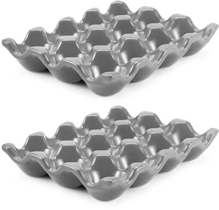 Flexzion 12-Cup Ceramic Egg Holder - One Dozen Porcelain Egg Tray Container Keeper Storage Organizer Decorative Serving Stand Serveware for Refrigerator Countertop Display Kitchen (Gray, 2 Pack)
