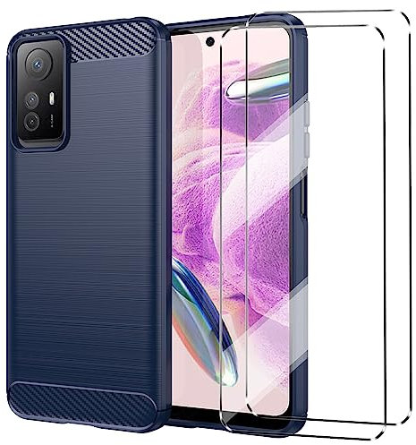 HuiYouMY [3 in 1] para Redmi Note 12S Funda + 2 x Cristal Templado - Navy Carcasa y Cristales Protector de Pantalla TPU Silicona Suave Gel Caja Cover Tapa Caso Carcasa Cubierta -Black