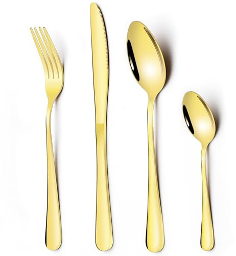 Juego de cubiertos dorados para 6 personas, 24 piezas, de acero inoxidable, con cuchillo, tenedor, cuchara, cubiertos de titanio chapados en oro para casa/fiesta/restaurante, apto para lavavajillas y