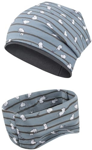 Maja Übergangsmütze + Schlauchschal Beanie Stoffmütze Mädchenmütze im Set Loop Baumwolle, Größe: 54-56, Farbe: Blau-Katzen