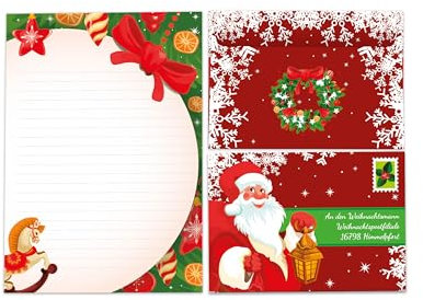 Briefpapier-Set A5 Pferd Tannenbaum Schreibblock liniert mit Umschlag Weihnachten Wichtelgeschenk für Kinder (1 Block A5 mit 25 Blättern + 15 bedruckte Kuverts An den Weihnachtsmann)