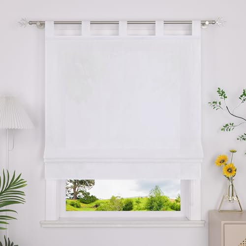 Heichkell Raffrollo mit Schlaufen Halbtransparent Raffgardine Küche Rollo Einfarbige Gardine Weiß BreitexHöhe 140x140 cm