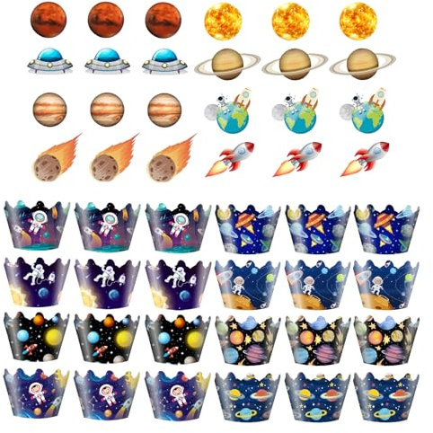 48 Cupcake Wrapper Cupcake Wrappers, Astronaut Cupcake Dekoration Für Kinder Party Weltall Deko Muffinförmchen Papier Kinder Raketen, Satelliten, Planeten, Weltraum, Galaxie Kuchendekorationen