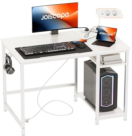 JOISCOPE Scrivania per Computer PC con Porta di Ricarica USB e Type-C, Scrivania Gaming con Ganci e Ripiani, Scrivania Bianca Minimalista, Scrivanie Moderne per Ufficio e Studio, 100x50x75cm, Bianca