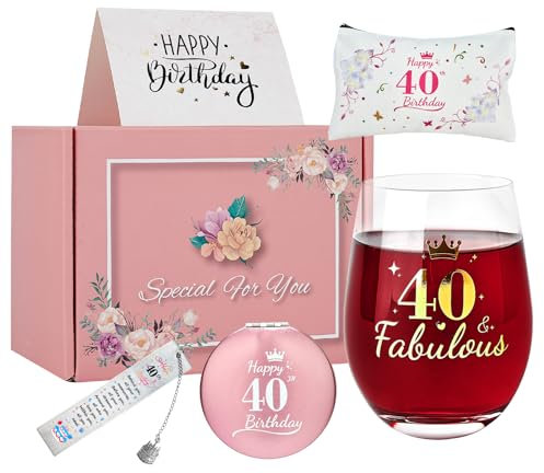 TOONGEEN 40th Birthday Gifts for Women Her, Personalised Stemless Wine Glasses Gift Sets for Ladies, Ideas 40th Birthday Presents for Women Friend, Mum, Sister, Female, Bestie, 19 Oz