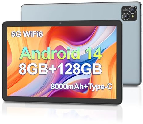 Android 14 Tablet 10 Zoll, Octa-Core Prozessor, 8GB RAM + 128GB ROM (1TB erweiterbar) , Großes FHD+ IPS Display mit Widevine L1 , 8000mAh Akku, 5G & WiFi 6, Dual-Kamera 2MP + 8MP mit KI, Bluetooth 5.0