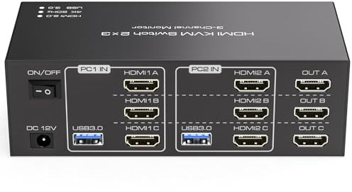 TJCXELE 4K60Hz HDMI KVM Switch 2 PC 3 Monitore USB 3.0 Simulation EDID KVM Switches für Zwei Computer teilen Sich Drei Monitore und 4 USB-Geräte Unterstützt Erweiterungsmodus & Kopiermodus