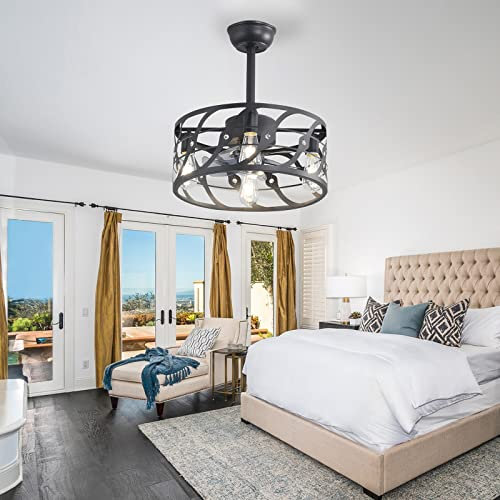 Vintage Industrial Ceiling Fan with Light E14 Lampholder Cage Design Quiet Reversible DC Motor 6 Speeds Ideal for Living Room Kitchen Bedroom