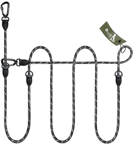 BLUZELLE Verstellbare Hundeleine 3m, Mittelgroße & Große Hunde, Freihandleine Doppelleine für 2 Hunde, 2 Starke Aluminium-Sicherheitskarabiner, Reflektierende Paracord-Leine, Farbe:Schwarz