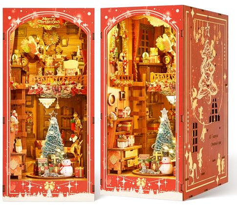 FUNPOLA Weihnachts Buchnischen Kit 3D Holzpuzzle - Miniatur Regaleinsatz mit LED und festlicher Dekoration - Perfektes DIY Geschenk für Zuhause und Feiertagsdekoration (Weihnachten)