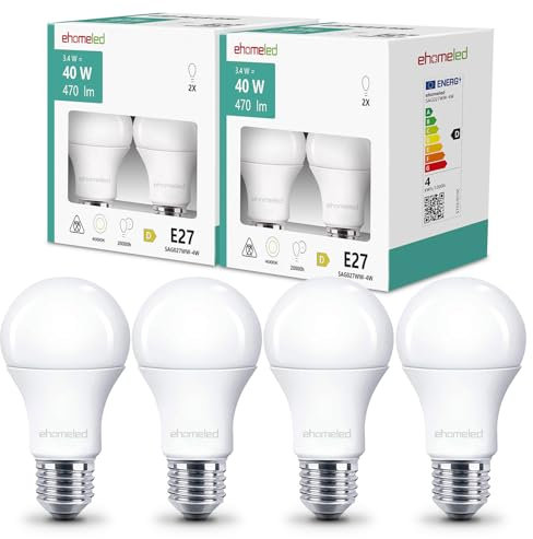 ehomeled E27 LED Glühbirne A60 Tageslichtweiß (4000K), 470 Lumen 3,4W (=40W), Energiesparende Klassische LED Birne, Ideal für Wohnzimmer, Schlafzimmer & Büro, 4er-Pack