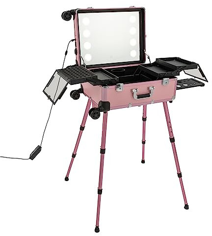 Professioneller Kosmetikkoffer, rollbar, mit Spiegel, beleuchtet, Kosmetikwagen, tragbar, Aufbewahrungsbox für Kosmetik, Ruhestopp, aus Aluminium, Rosa, /