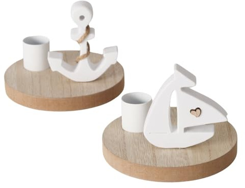 Boltze Home Kerzenständer Sailor Maritim Weiß Natur 1-Stück | Ankermotiv, Schiffmotiv, Rund für Stabkerzen, Holz Kunststoff Metall, Zufällige Auswahl