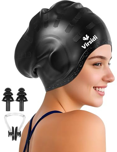VIRSIDI Swim Cap for Long Hair, Silicone Swimming Cap for Adult Women Men with 3D Ear Protection, Waterproof Large Swim Hats Bathing Caps to Keep Hair Dry with Ear Plugs Nose Clip (Black)