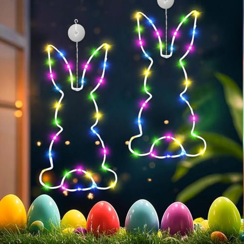 2 Stück Osterdeko Led Fenster Licht, Ostern Deko LED Lichterkette Osternhasen Fensterlichter mit Saugnapf und Timer Batteriebetrie, Osterdeko Für Draußen & Innen, Zuhause Party