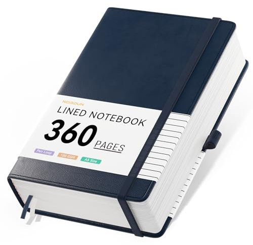 NORDUN Taccuino formato A5, 360 pagine a righe, copertina rigida in pelle con note adesive e tasca interna, 100 g/m², carta spessa 100 g/m², per uomini e donne, per scuola, ufficio, casa, 14,5 x 21 cm