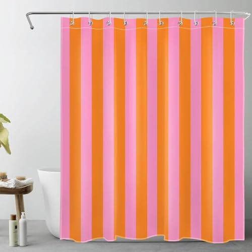 Duschvorhang 180x200 cm Rosa und Orange Duschvorhang Antis-chimmel Wasserdicht 3D Shower Curtains Streifen Duschvorhänge Waschbar Polyester Stoff für Badewanne Badezimmer A-4200