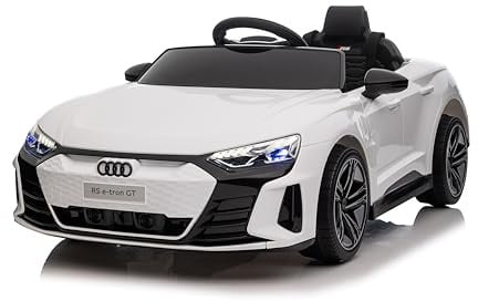 FINOOS Kinder Elektroauto Audi RS-e-tron 12V Kinderauto mit 2,4 GHz Fernbedienung, Kinderfahrzeug mit Hupe, LED, Musik, Sanftstart, Elektrofahrzeug mit Hilfsrad, für 1-4 Jahre Kinder (Weiß)