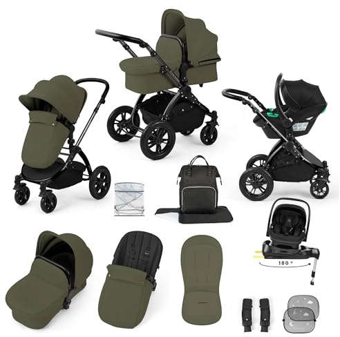Ickle Bubba Stomp Luxe 12pc Travel System with i-Size Nimbus Car Seat & 180° Spin ISOFIX Base (Woodland/Black, Black Chassis) – Convertible Configurations, Birth to 22kg (Approx. 4 Years)