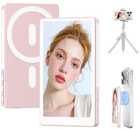 4 Magnetic Vlog Selfie Monitor Screen iPhone 17, 1080P Wireless Mirroring, Slim CNC Metal Back Camera Selfie Screen for YouTube TikTok with 100ft Range, Selfie Monitor for iPhone 17&Android, Pink