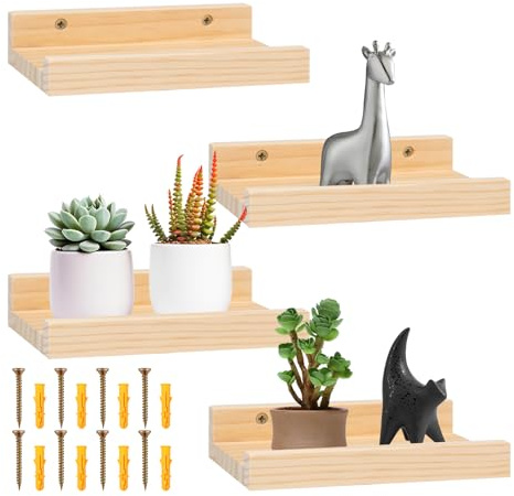 4 Pièces Étagère Murale Bois 20 × 12 × 4 cm Etagères Flottantes Form de U | avec Bord de Protection Tablette Bois Murale avec Vis et Tubes D'expansion pour Salon Chambre Salle de Bain Décoration