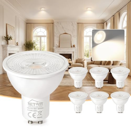 Ketom GU10 LED Neutralweiss 6W Lampe, 60 Watt Ersetzt, LED Lampe GU10 Neutralweiß 4000K, 480LM, Spots 230V, 120° Abstrahlwinkel, Energiesparendes Leuchtmittel, Nicht Dimmbar Birnen, 6 Stück