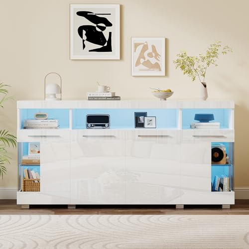 BTM 140x40x70cm Beistelltisch, Wohnzimmer Hochglanz Seitenschrank mit LED Licht, breites Sideboard, aus gehärtetem Glas mit 3 Fächern, Weiß