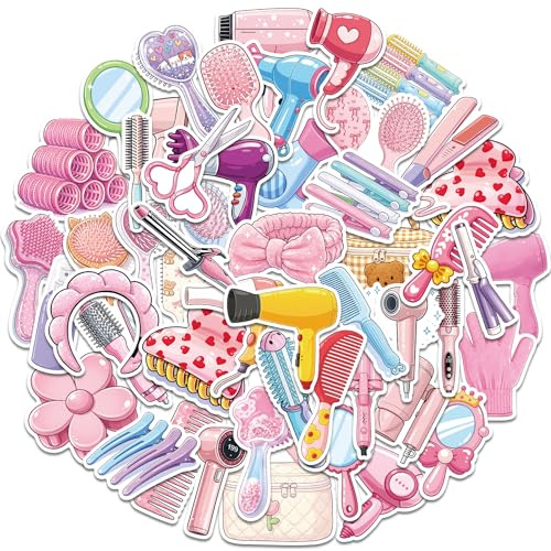 50 PCS Cute Hair Tools Stickers for Girls, Pink Beauty Salon Aesthetic Vinyl Stickers, Waterproof Matte PVC Decals for Water Bottles, Laptops, Phone Cases, Journals