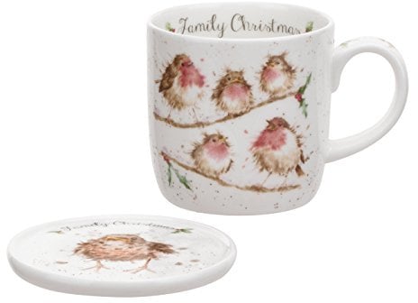 Portmeirion Home & Gifts Mug & Coasters-Family Christmas (Birds), Bone China, Multi-Colour, 2 Count (Pack of 1) 325 liters