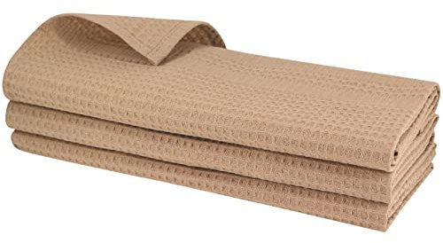 Gariella - 3er Set Geschirrtücher/Hell-Braun / 100% Baumwolle/mit Aufhänger / 70 x 50 cm/Waffelpiqué/Gastronomiequalität/Küchentuch/Putztuch/Waffelmuster/saugstark/robust