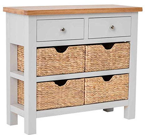 RoselandFurniture Farrow Grey Console Table for Hallway Slim Storage with Baskets & Oak Top | Wide Painted Solid Wooden Telephone Stand Cabinet for Living Room or Bathroom | Fully Assembled