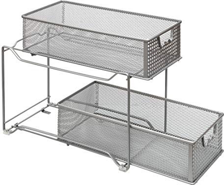 Amtido 2-Tier Sliding Basket Cupboard Organiser – Kitchen, Bathroom Cabinet Organizer – Pull Out Drawers Under Sink Storage - Metal, Silver