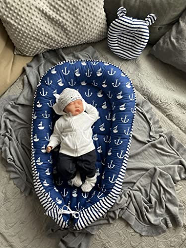 LOOLAY Babynest 85 cm x 60 cm - Nestchen Baby 2 Seitig -Baby nestchen Tragbar Nest aus Baumwolle OEKO-TEX (Anker dunkelblau/Streifenmuster dunkelblau)