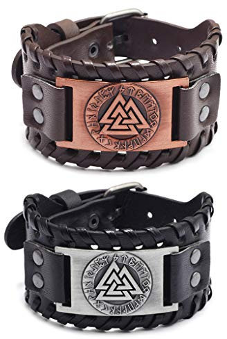 Juland 2 Stück Herren Retro Breites Metall Herren PU Leder Armband Punk Style Armbänder Breiter Gürtel Manschette Armreif Rock Wrap für Männer Junge Einstellbar –Viking Totem