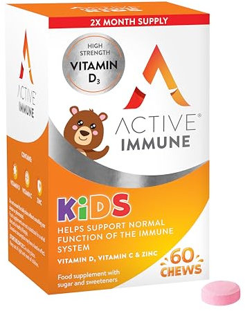 Active Immune for Kids, Vitamin D, C & Zinc, 60 Orange Flavoured Chews, 2 Month Supply, Daily Supplements for Kids Immune System Boost, Chewable & Easy to Swallow