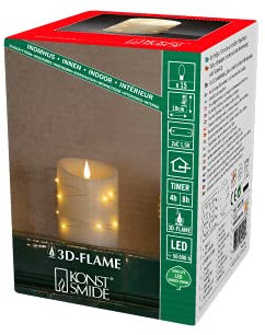 Konstsmide LED Echtwachskerze cremeweiß, 3D Flamme, Draht umwickelt, 4/8h Timer, 1 bernsteinfarbene Diode/14 LED Tropfen, batteriebetrieben, Innen, Batterie: 2 x C 1,5V (exkl.) - 1844-180, 14 LEDs