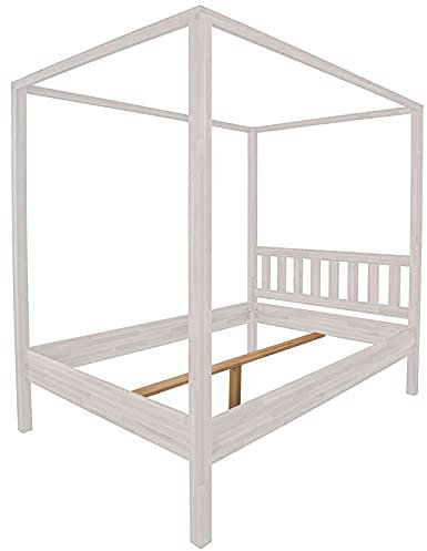 fornera f24 Massivholz Himmelbett mit Kopfteil aus Kernbuche, Bettgestell Bettrahmen Doppelbett Himmelbett (140 x 200 cm, Weiß lasiert)
