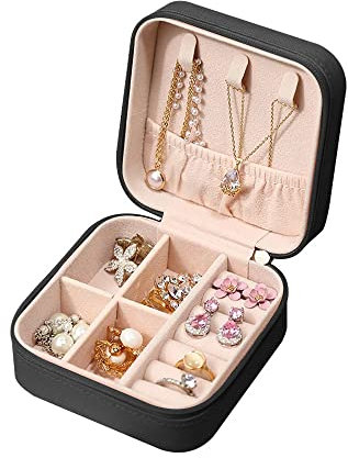 Schmuckschatulle für Damen und Mädchen, Mini Tragbare Schmuckaufbewahrungsbox für Ringe, Ohrringe (Schwarz)