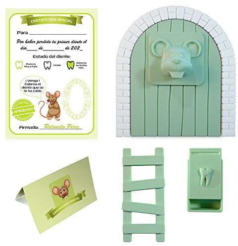 Myfuturshop® Ratoncito Pérez Puerta, Caja para el Diente, Escalera, 4 certificados de Diente Limpio. Regalo Original para niño y niña. VERDE MENTA