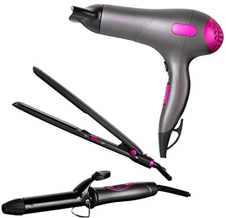 Carmen C81128 Neon Triple Pack Gift Set with DC Hair Dryer, 25 mm Curling Tong, Hair Straightener, Pink and Graphite