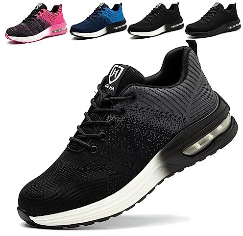 Zapatos de Seguridad para Hombre Mujer Ligeras Colchón de Aire Zapatillas de Trabajo con Punta de Acero Transpirable Negro Gris 43