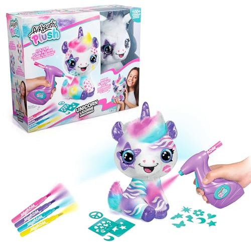 Airbrush Plush Unicorn, Decorate Over + Over, 4 Wash-Off Chalk Pens, Battery Powered Airbrush, 100+ Sticker Stencils. For Ages 6+, White