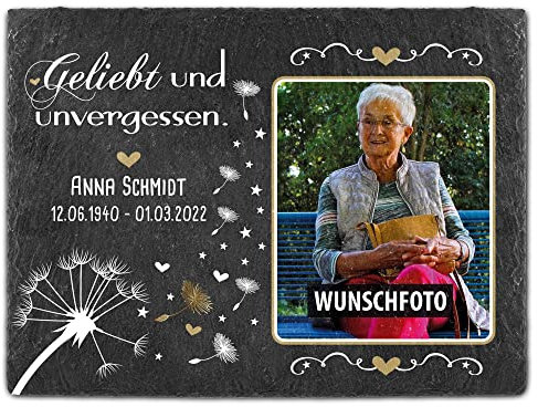 PR Print Royal Schieferplatte selbst gestalten - Gedenktafel mit Foto, Name & Datum bedrucken - Geliebt und unvergessen - Grabtafel, Grabschmuck | Schiefertafel 20x30 cm