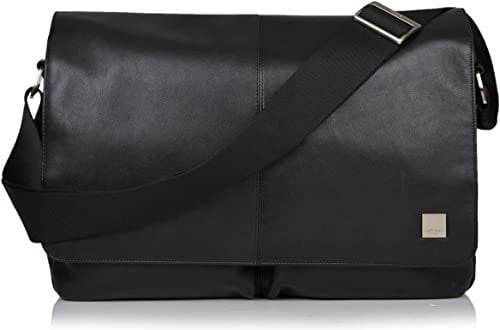 KNOMO Kobe Leather 16 inch Laptop Messenger Bag, Professional Leather Shoulder Bag for Men and Women, Black W/ Yellow Interior, One Size